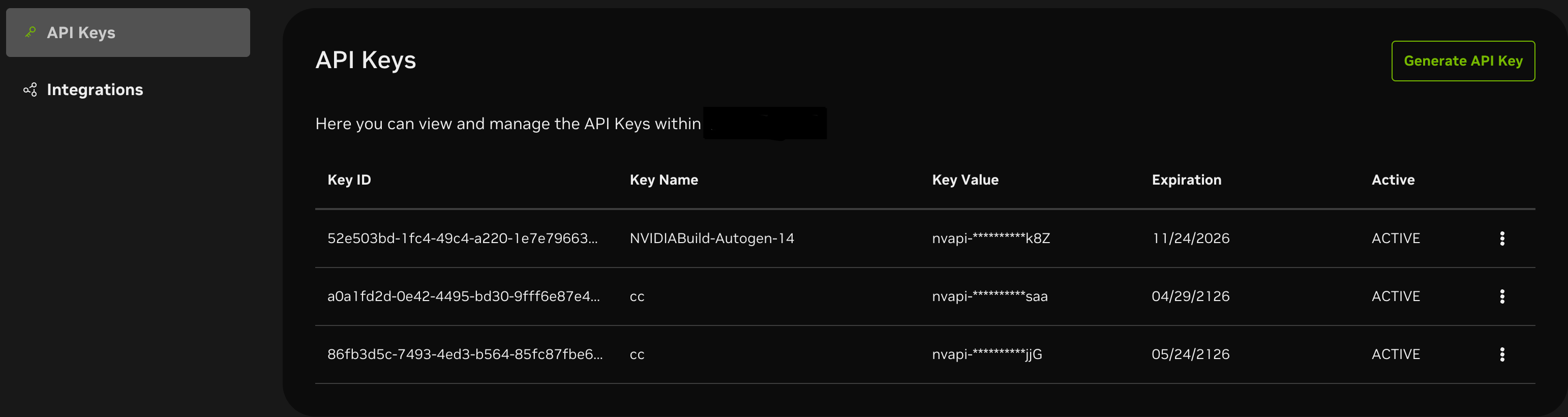NVIDIA Build API Keys management page