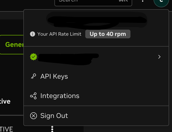 NVIDIA Build account menu with API Keys entry