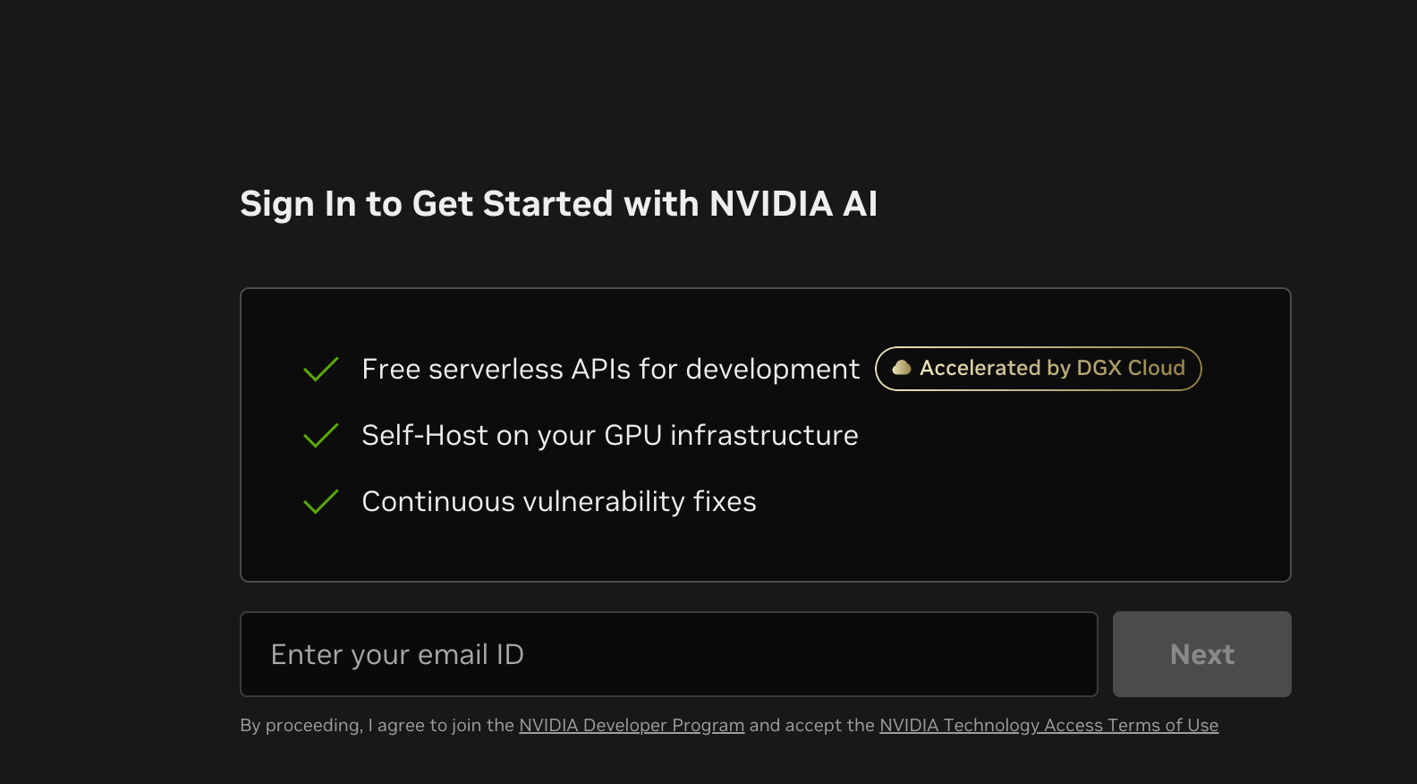 NVIDIA Build sign in page for NVIDIA AI