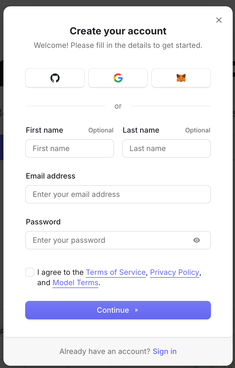 OpenRouter account signup dialog